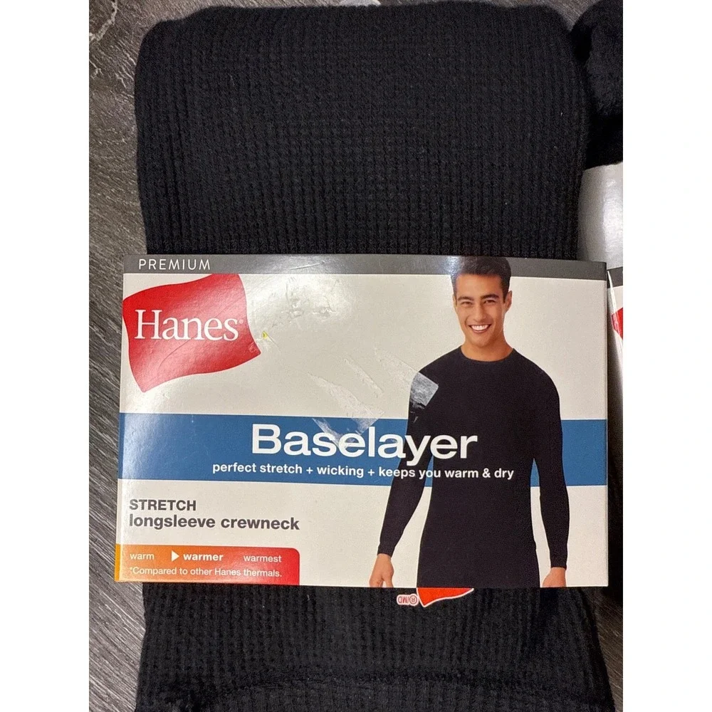Hanes Premium Mens Baselayer Set of 2‎ Black Waffle Long Sleeve Crewneck small